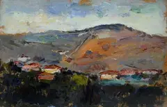 Paesaggio by Giovanni Bartolena, oil on panel (coperchio di sigari), offered Feb 2016