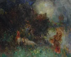 Paesaggio con figura di donna e cavaliere by Plinio Nomellini, offered Jul 2015