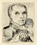 Max Beckmann, Gesichter, 1914, Original-Halbpergamentmappe mit 19 Kaltnadelarbeiten, jeweils auf Japan, in den Original-Passepartouts mit fortlaufenden Nummern in Blindprägung. Mit dem Textheft mit einer Einleitung von Julius Meier-Graefe, Titel, Inhaltsverzeichnis im Original-Ums