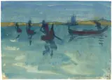 Emil Nolde, Vier auf einem See fahrende Gondeln“ (Venedig), Um 1924, Aquarell auf Japanbütten