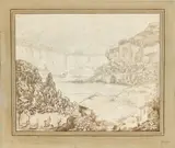 Gebirgssee in südlicher Landschaft by Johann Wolfgang von Goethe, Um 1810, Feder in Grauschwarz und Pinsel in Braun über Bleistift auf Bütten, auf blaues Büttenpapier aufgezogen, sold Nov 2019