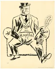 George Grosz, Ebert auf der Friedenskanzel, 1923, Tuschpinsel, Rohrfeder, Feder in Tusche, Deckweiß und Blau auf festem Papier