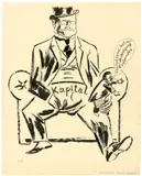 Ebert auf der Friedenskanzel by George Grosz, 1923, Tuschpinsel, Rohrfeder, Feder in Tusche, Deckweiß und Blau auf festem Papier, sold May 2019