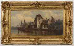 Ludwig van Hoom, City Harbor, 19th century, oil on wood