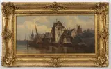 Ludwig van Hoom, City Harbor, 19th century, oil on wood