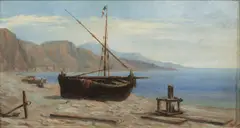 Adolphe Perrot, A Beach with Ship, 1880, oil on cardboard