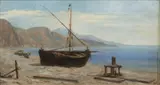 Adolphe Perrot, A Beach with Ship, 1880, oil on cardboard