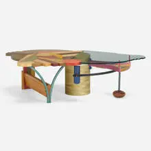 Jay Stanger, Shaved Clean coffee table, 1996, anodized aluminum, dyed veneers, purpleheart, glass