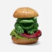 Frog burger by David Gilhooly, 1977, glazed ceramic, mixed media, sold Nov 2022