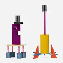 Peter Shire, Candlesticks, set of two, 1990, enameled steel, anodized aluminum