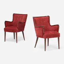 Armchairs, pair by Modern, c. 1950, walnut, upholstery, sold Nov 2022