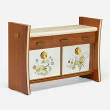 Cabinet by Modern, c. 1970, mahogany, lacquered goatskin over wood, reverse-painted and mirrored glass, brass, painted wood, sold Nov 2022