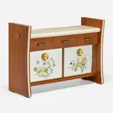 Modern, Cabinet, c. 1970, mahogany, lacquered goatskin over wood, reverse-painted and mirrored glass, brass, painted wood