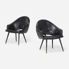 Lounge chairs, pair by Jacques Adnet, c. 1950, leather, brass, sold Nov 2022