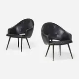 Jacques Adnet, Lounge chairs, pair, c. 1950, leather, brass