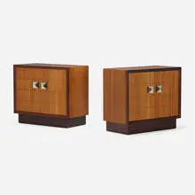James Mont, Cabinets, pair, c. 1970, sapele, mahogany, lacquered wood, chrome-plated steel