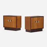 James Mont, Cabinets, pair, c. 1970, sapele, mahogany, lacquered wood, chrome-plated steel