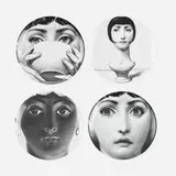 Piero Fornasetti, Collection of four Tema e Variazioni plates, c. 1995, transfer-printed porcelain