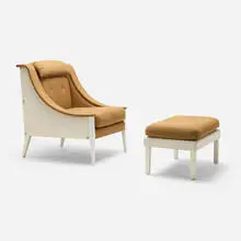 attribution Gio Ponti, Lounge chair and ottoman, c. 1965-1970, painted wood, upholstery, chromed metal