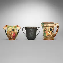 Royal Doulton, Collection of three Charles Dickens loving cups and jug