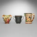 Royal Doulton, Collection of three Charles Dickens loving cups and jug