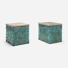 Modern, Outdoor occasional tables / stools, pair, patinated copper, concrete