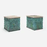 Modern, Outdoor occasional tables / stools, pair, patinated copper, concrete