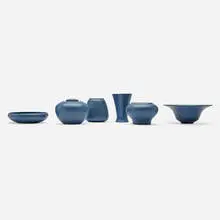 Collection of six vessels by Marblehead Pottery, c. 1920, glazed earthenware, sold May 2026