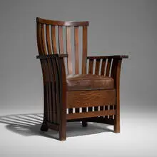 Plail Brothers, Unusual highback armchair, c. 1915, oak, leather