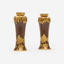 Christofle, Vases with leaves, pair, c. 1920, patinated and gilt bronze