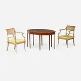 George III Style and Regency Style, Inlaid center table and armchairs, pair, mahogany, maple, ebony, painted and gilt wood, cane, upholstery