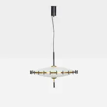 attribution Stilnovo, ceiling light, c. 1950, frosted glass, enameled steel, brass, enameled aluminum