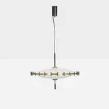 attribution Stilnovo, ceiling light, c. 1950, frosted glass, enameled steel, brass, enameled aluminum