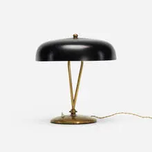 attribution Arredoluce, table lamp, c. 1950, enameled aluminum, brass, aluminum