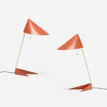 table lamps, pair by Svend Aage Holm-Sørensen, c. 1950, enameled aluminum, enameled steel, enameled brass, sold Oct 2016