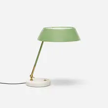 Stilux, table lamp, c. 1950, enameled aluminum, marble, brass, acrylic, enameled brass