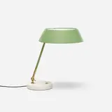 Stilux, table lamp, c. 1950, enameled aluminum, marble, brass, acrylic, enameled brass
