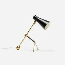 table lamp, model K11-16 by Tapio Wirkkala, 1958, brass, enameled aluminum, leather, sold Oct 2016