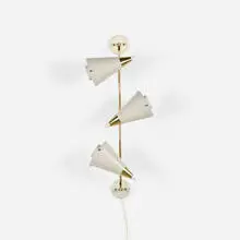 Gerald Thurston, wall sconce, c. 1955, enameled aluminum, enameled and perforated steel, brass