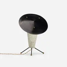 attribution Jacques Biny, table lamp, c. 1955, perforated and enameled steel, enameled brass, brass