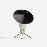 attribution Jacques Biny, table lamp, c. 1955, perforated and enameled steel, enameled brass, brass