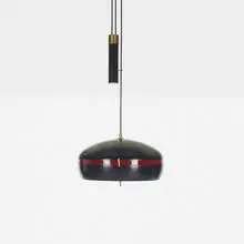 attribution Stilnovo, ceiling light, c. 1950, enameled aluminum, acrylic, brass, enameled steel