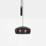 attribution Stilnovo, ceiling light, c. 1950, enameled aluminum, acrylic, brass, enameled steel