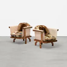Joel Otterson, Endangered Species Chairs, pair, c. 1993, enameled cast iron, copper pipes, upholstery, animal hide, appropriated elements