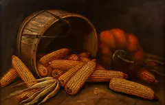 Still Life with Corn and Pumpkin, undated by Alfred Montgomery, c.1900, oil on board, with impasto kernels, offered Dec 2022