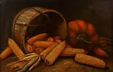 Alfred Montgomery, Still Life with Corn and Pumpkin, undated, c.1900, oil on board, with impasto kernels