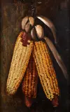 Alfred Montgomery, Still Life with Hanging Corn, undated, c.1900, oil on artist's board, with impasto kernels, initialed lower left