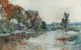 John Muirhead, Placid Stream Through English Countryside, 1884, watercolor