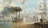 John Stobart, New Orleans: The J. M. White, Mistress of the Mississippi River leaving the rescent City in 1887, 1976, color