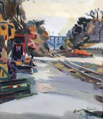 Railroad Construction by Barry Shields, gouache on paper, offered Dec 2022